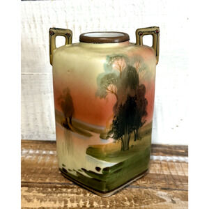 Antique Hand Painted Nippon Noritake M-in-Wreath Vase 6” Landscape Scene Japan